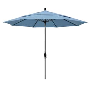 11 ft. Black Aluminum Pole Market Fiberglass Ribs Collar Tilt Crank Lift Outdoor Patio Umbrella in Air Blue Sunbrella