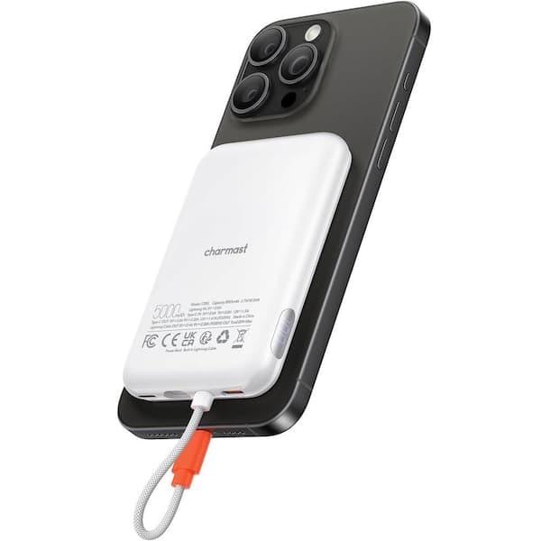 Slim Portable Charger, 5000mAh Fast Charging Power Bank with Built-In Cable for iPhone and Digital Display, White