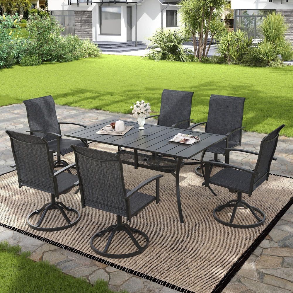 7-Piece Metal Outdoor Dining Set with 59.2 in. Black Rectangular Table and 6 Dark Gray Textilene Swivel Patio Chairs