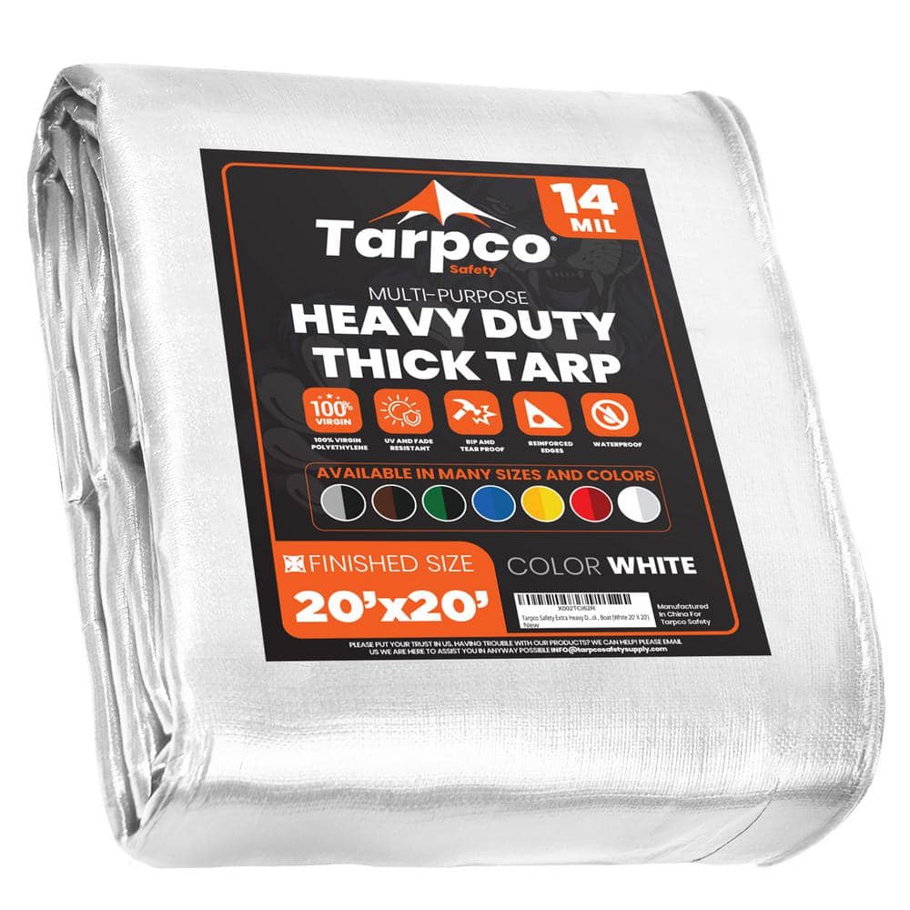 TARPCO SAFETY 20 ft. x 20 ft. White Polyethylene Heavy Duty 14 Mil Tarp,  Waterproof, UV Resistant, Rip and Tear Proof TS-104-20x20 The Home Depot