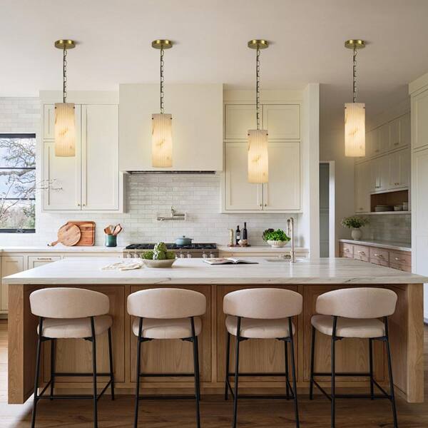 1-Light Dimmable Brass Cylindrical Kitchen Island Pendant Light with Faux Marble Shade for Living Room, Bedroom