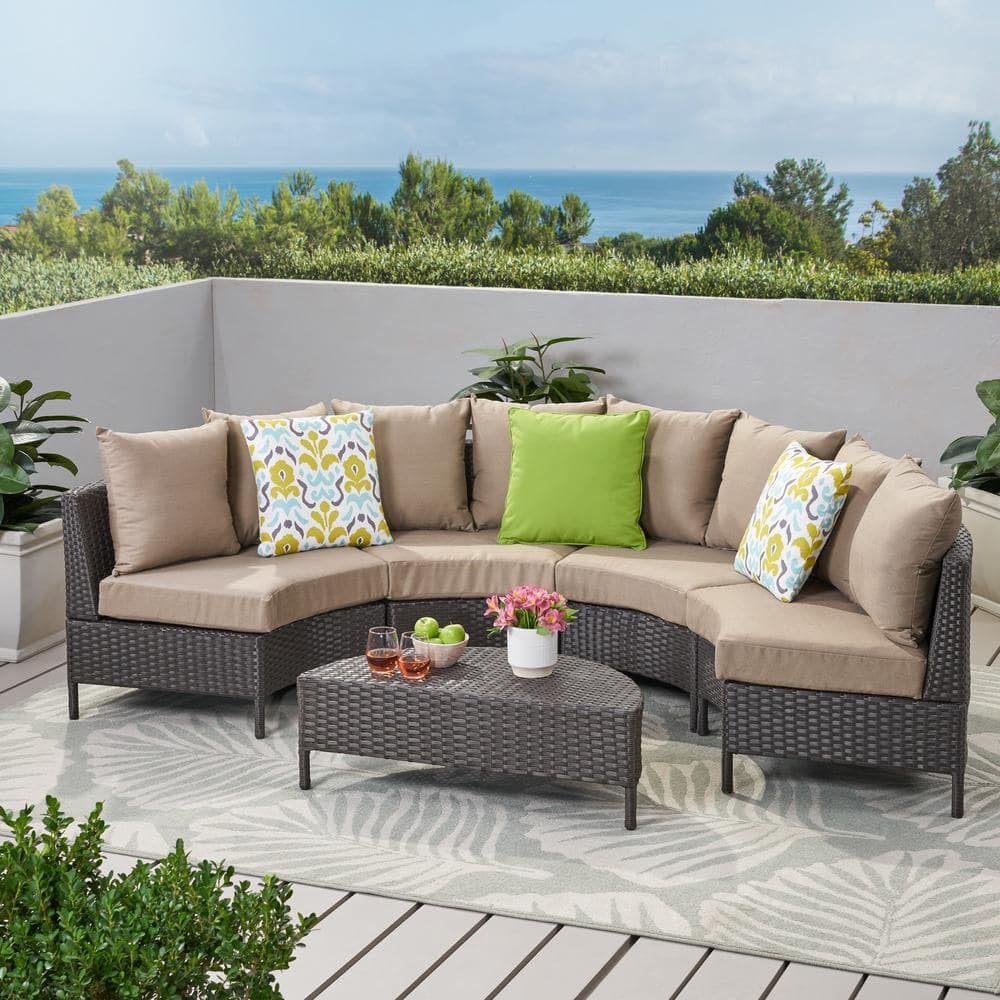 Newton 8-Seater Brown Wicker Sectional Sofa Set with Beige Cushions