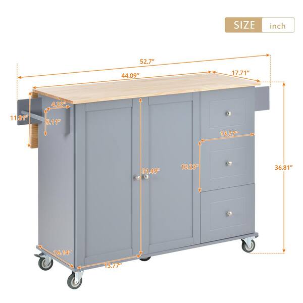 CESICIA Blue Wood Base with Wood Top Rolling Kitchen Island (17.71-in x 52.7-in x 36.81-in)