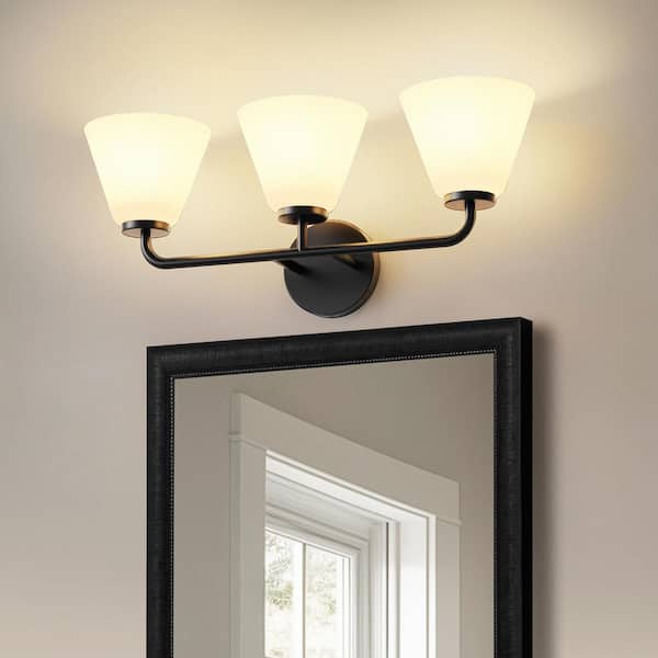 YANSUN 23 in. 3-Light Black Vanity Light with Cone White Glass Shades for Bathroom, Mirror, Living Room