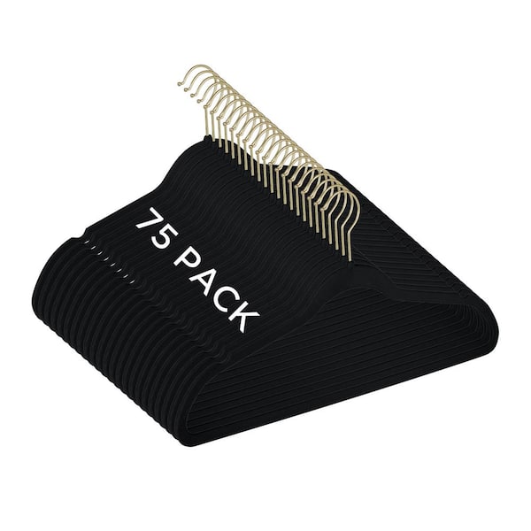 75 Pack Slim Velvet Gold Hook Hangers in Black