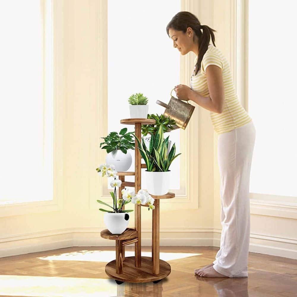 Walnut 5-Tier Pine Wood Indoor Plant Stand with Wheels
