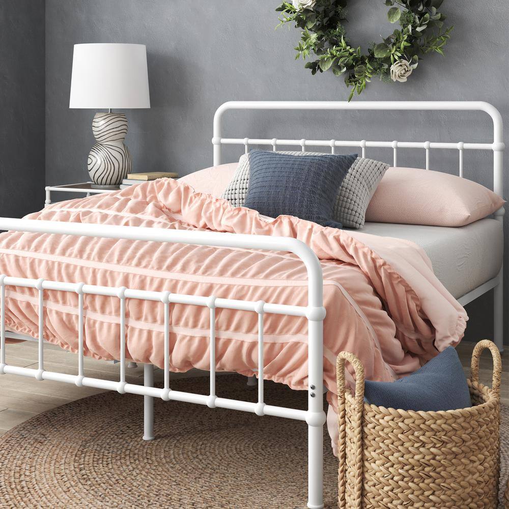 Florence White Twin Metal Platform Bed with Spindle Headboard