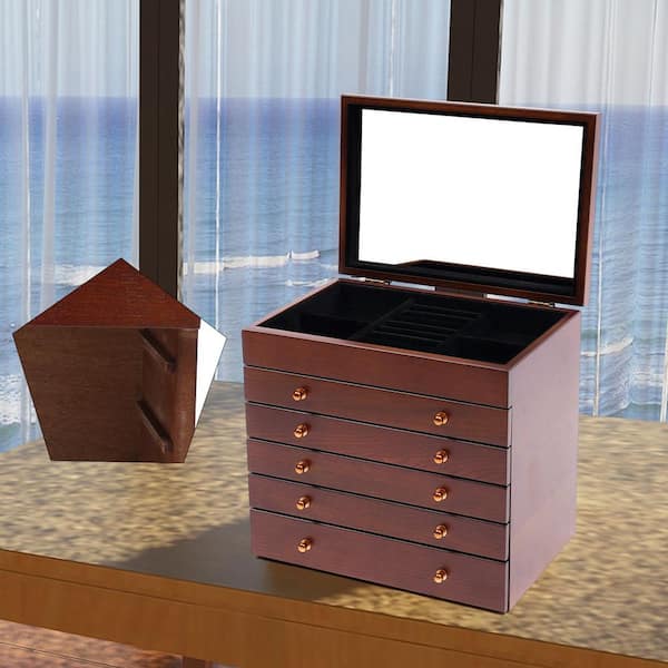 A&A Large Solid Wooden Jewelry Boxes with 3 Drawers Multiple Storage  Devices and Big Makeup Mirror Brown