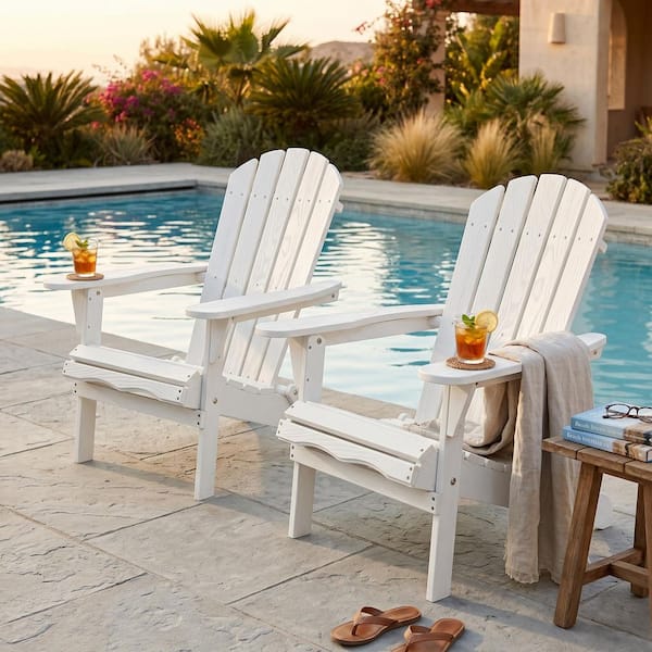White Folding Wood Adirondack Chair, Outdoor Lounge Chair (Set of