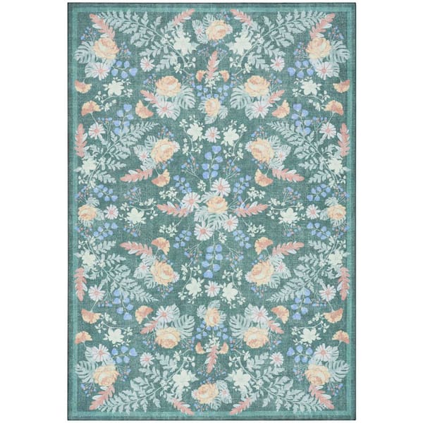 Botanical Washables Green Multicolor 4 ft. x 6 ft. Floral Contemporary Area Rug