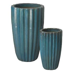 21 in., 29 in. H Ceramic Tall RND Ridge Pots, S/2 Teal