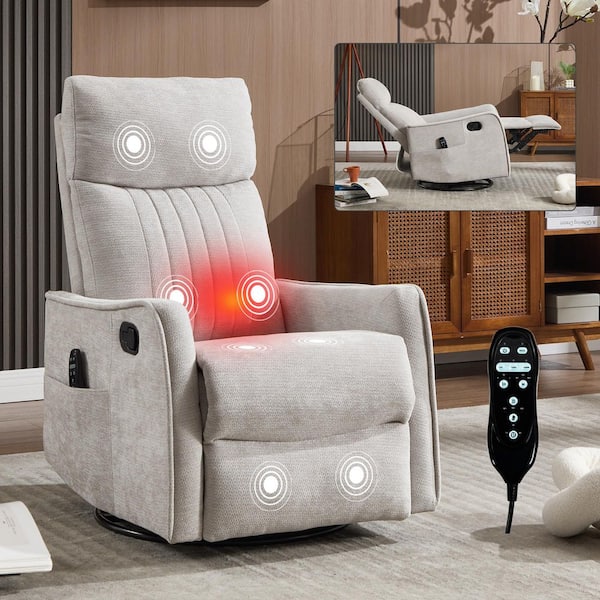 Light grey recliner chair with massage lights on a carpet.