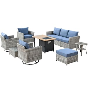 Eufaula Gray 10-Piece Wicker Outdoor Patio Conversation Sofa Set with a Storage Shelf Fire Pit and Denim Blue Cushions