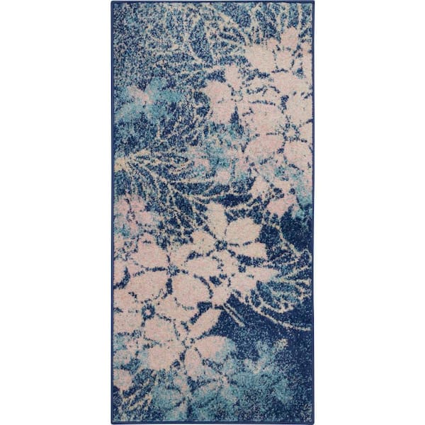 Nourison Tranquil Navy/Pink doormat 2 ft. x 4 ft. Persian Vintage Kitchen Area Rug
