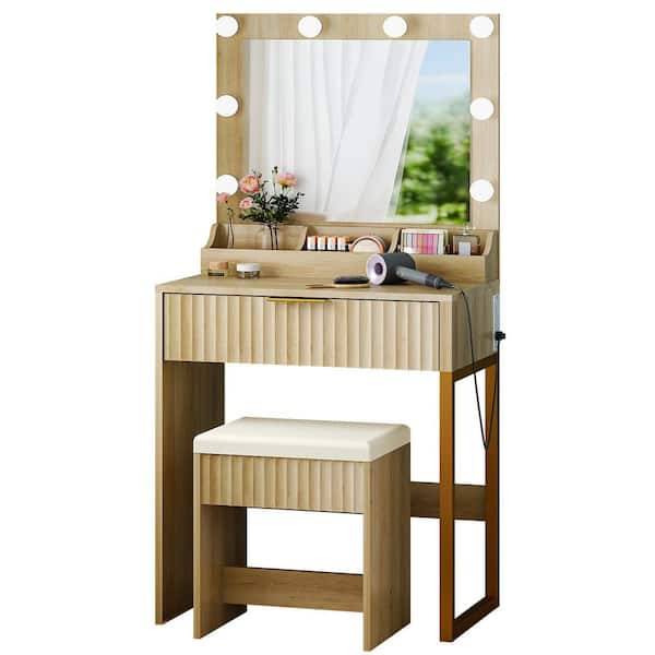 Karl home 2-Piece Oak-colored Makeup Vanity Set with 8 Three-color Dimmable  Bulbs, 1-Drawer and 3 Compartments K1G52008114