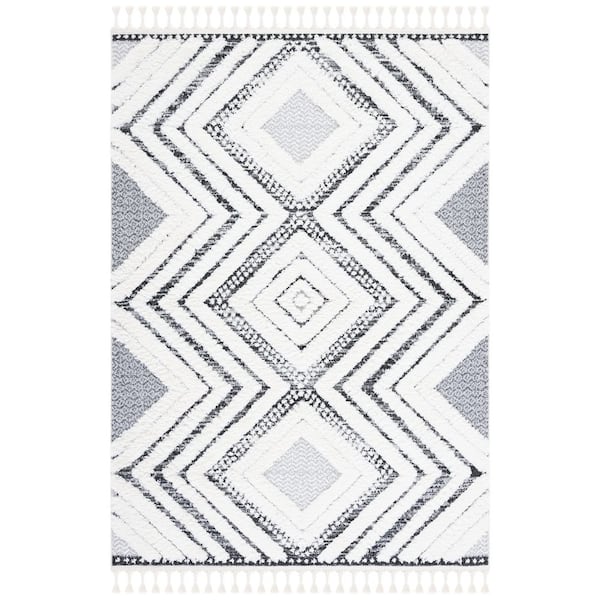 Moroccan Tassel Shag 9 ft. x 12 ft. Ivory/Gray Zig-Zag High Low Area Rug