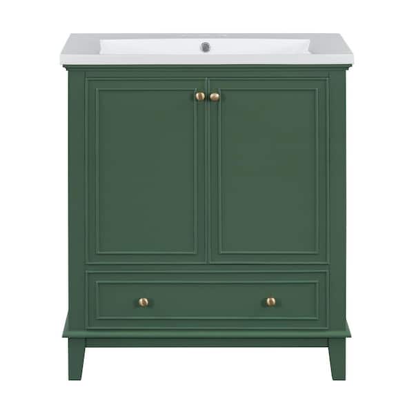 30 in. W x 18 in. D x 34.8 in. H Single Sink Freestanding Dark Green Bath Vanity with White Ceramic Top and Drawer