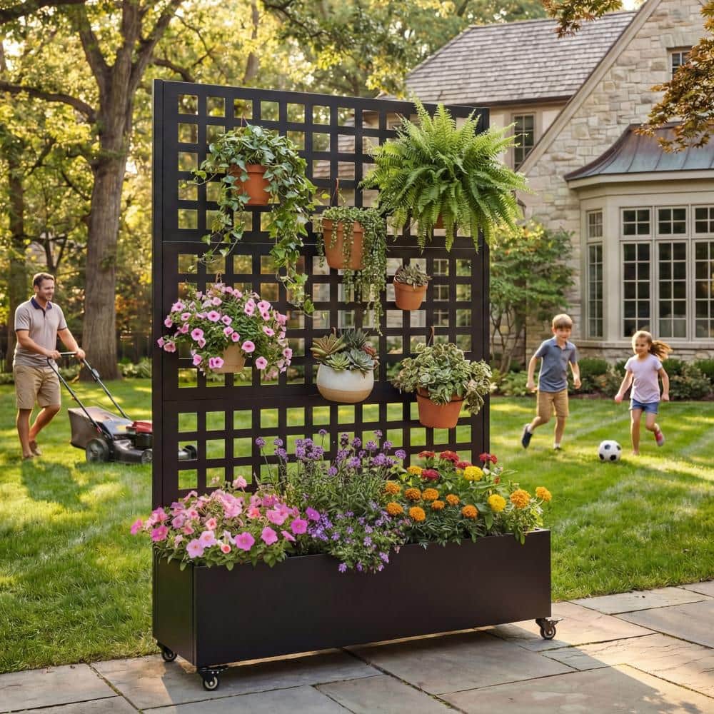 73 in. x 47 in. Black Metal Raised Garden Bed with Trellis and Wheels, Large Planter Box Privacy Screen for Vines price history on PriceWatchPro