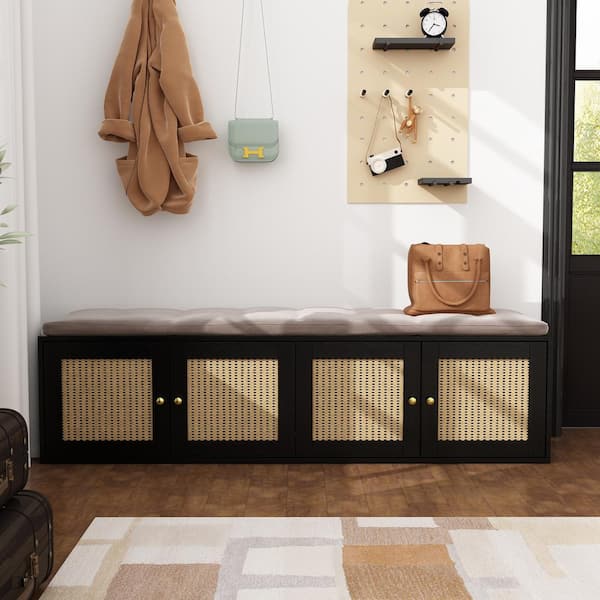 FUFU&GAGA 94.4 in. H x 63 in. W Black Wooden Shoe Storage Cabinet with Rattan Doors and 8-Shelves