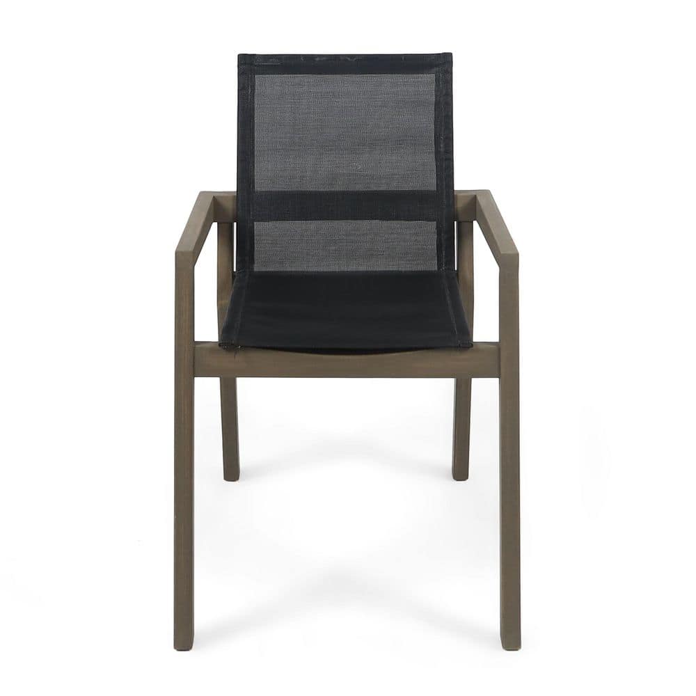Grey acacia wood outdoor dining chair shown from the front on a white background.