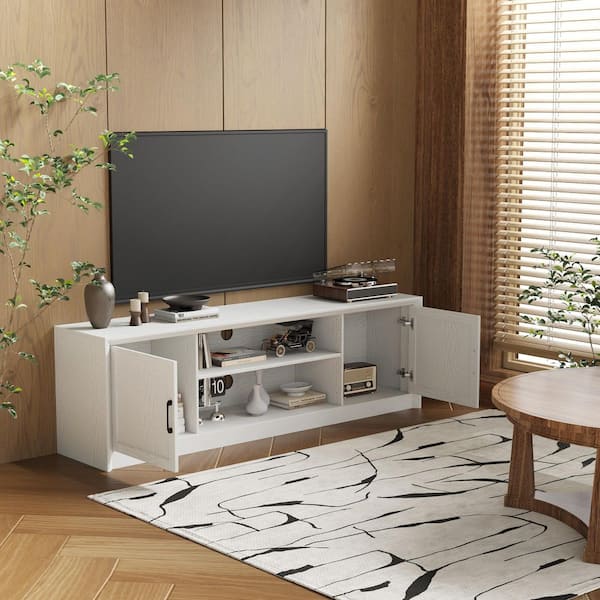 White Wood Grain TV Console for TVs up to 75 in., with 70.9 in. Width, Storage Cabinets and Black Metal Handles