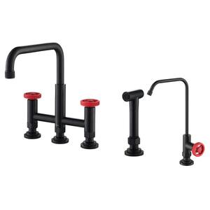 Urbix Industrial 2-Handle Bridge Kitchen Faucet and Water Filtration Faucet in Matte Black/Red