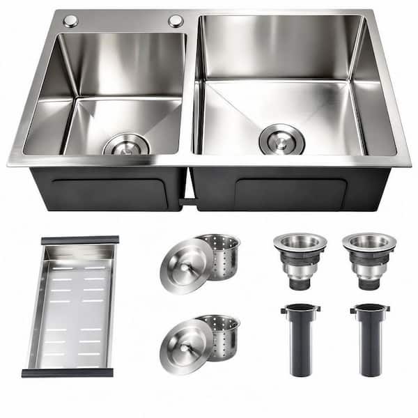 30.7 in. Drop In or Topmount Double Bowl Stainless Steel Modern Kitchen Sink with Drainage Pipes and Fruit Baskets