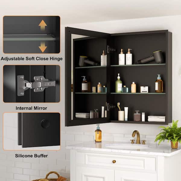 Belle 16 in. W x 24 in. H Rectangular Aluminum Medicine Cabinet with Mirror, Adjustable Shelf, Recessed or Surface Mount