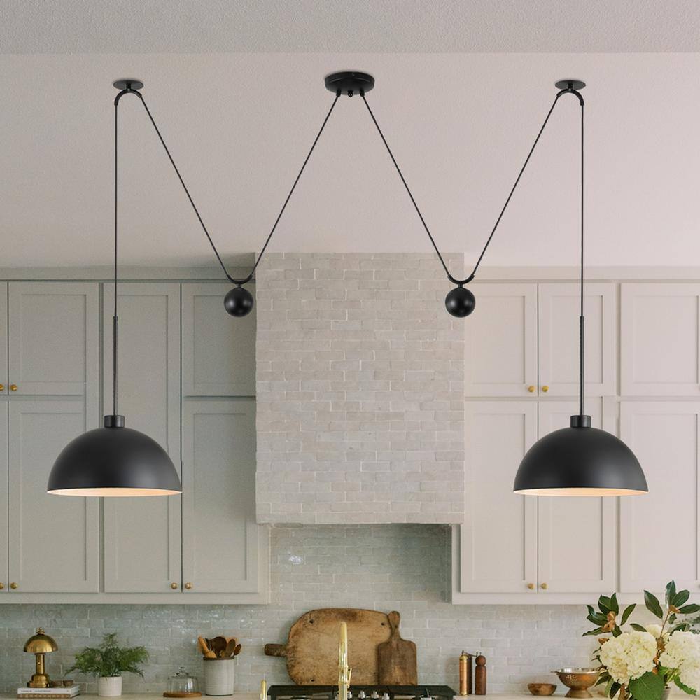 13.78 in. 2-Lights Matte Black Industrial Adjustable Hanging Pendant Light 