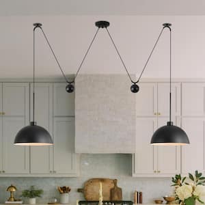 13.78 in. 2-Lights Matte Black Industrial Adjustable Hanging Pendant Light with Metal Shades