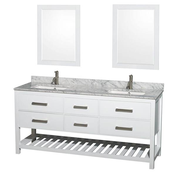 Wyndham Collection Natalie 72 in. Double Vanity in White with Marble Vanity Top in White Carrara, Under-Mounted Sinks and 24 in. Mirrors