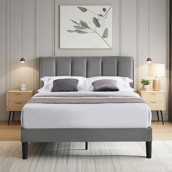 VECELO Upholstered Bedframe, Gray Metal Frame Full Platform Bed with Adjustable Headboard, Wood Slat, No Box Spring Needed