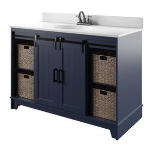 49 in. W x 22 in. D x 37.9 in. H Barn Door Single Bathroom Vanity Side Cabinet in Insignia Blue with White Marble Top