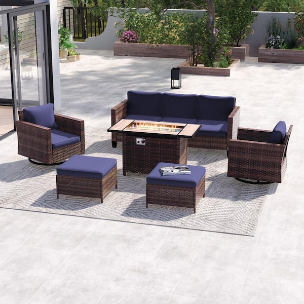 6-Pieces Patio Conversation Set with 45 in. Fire Pit Table and Swivel Rocking Chairs, Brown Wicker Navy Blue Cushion