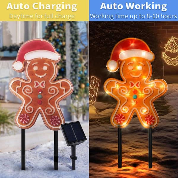 2 PCS Gingerbread Man Solar Christmas Decorations Outdoor, 8 Modes