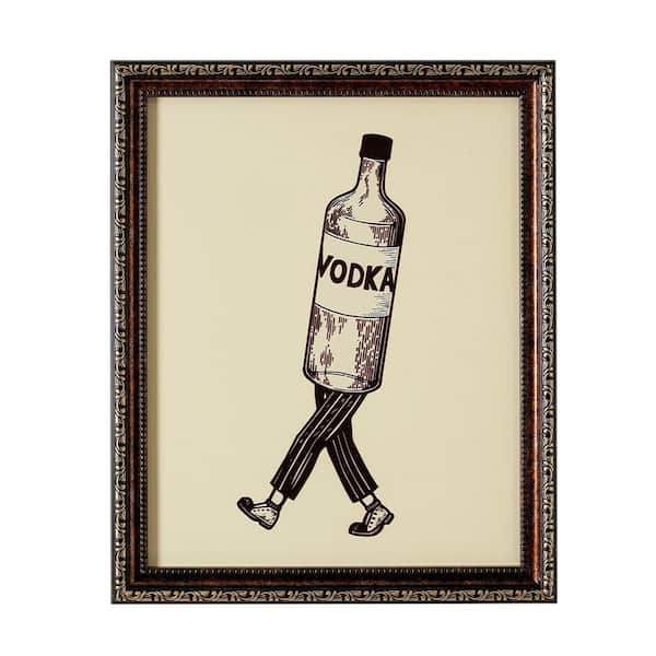 Vintage Walking Vodka Bar Wall Art, Printed Glass Framed Decor for Home Bars, Game Rooms & Man Caves, 17 in. x 14 in.