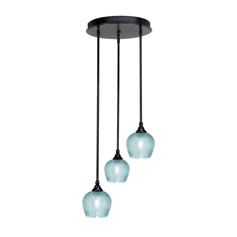 Villa 15.25 in. 3-Light Matte Black Cluster Pendant Light with 6 in. Turquo