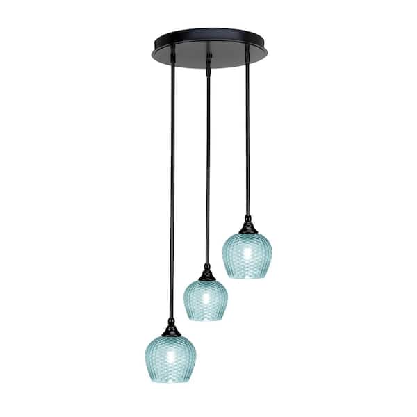 Unbranded Villa 15.25 in. 3-Light Matte Black Cluster Pendant Light with 6 in. Turquoise Textured Glass Shades, no bulbs included