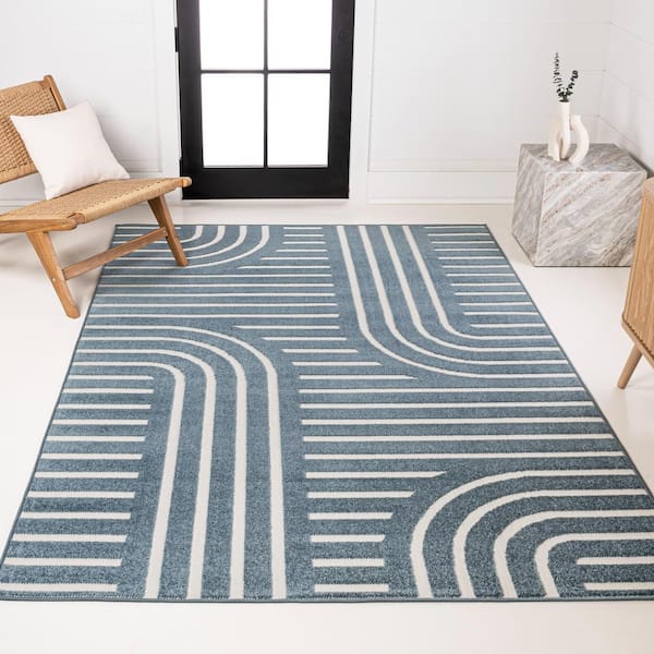 Anders High-Low MidCentury Modern Arch Stripe 2-Tone Navy/Cream 3 ft. x 5 ft. Indoor/Outdoor Area Rug