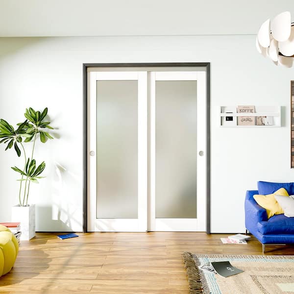 60 in. x 80 in. (Double 30 in.) White Solid Core, MDF Wood, DIY Painted Frosted Glass Interior Door with Bypass Hardware