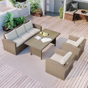 4-Piece Wicker Patio Conversation Conversation Set Wicker Furniture Sofa Set with Beige Cushions