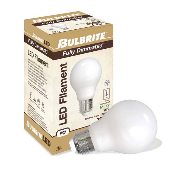 Bulbrite 862830 LED Filament 9 W Dimmable A19 Light Bulb with Glass Finish & Medium E26 Base - 3000K Soft White Light 1100 Lumens Milky - Pack of 4