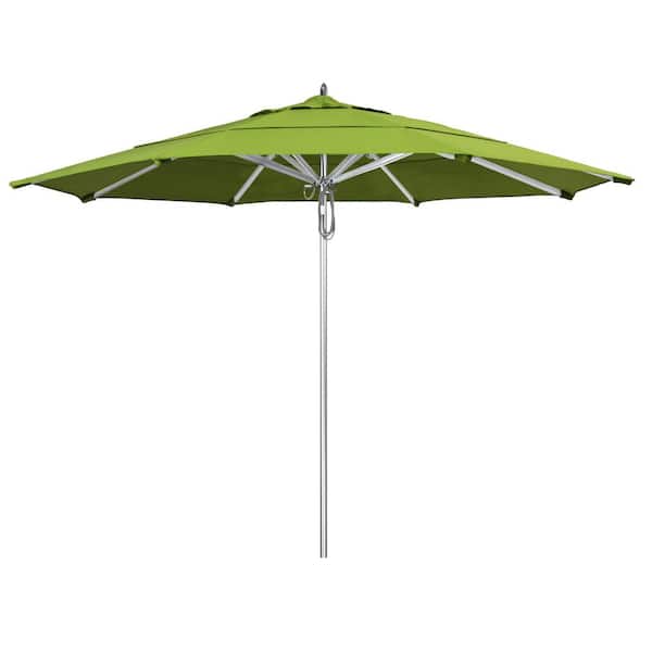 California Umbrella 11 ft. Silver Aluminum Commercial Market Patio Umbrella with Pulley Lift in Macaw Sunbrella