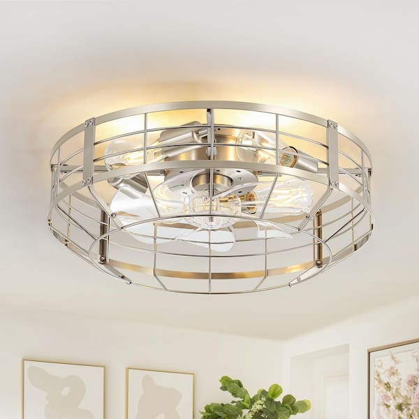 Breezary 20 in. 4-Light Indoor Satin Nickel Flush Mount Caged Ceiling Fan with Light Kit and Remote Included