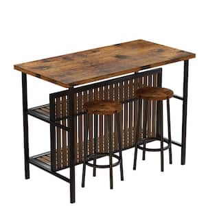 Greenwood Rustic Brown Kitchen Island Set with Faux Marble Top and 2 Stools