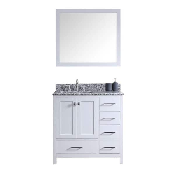 Virtu USA Caroline Madison 36 in. W Bath Vanity in White with Granite Vanity Top in Arctic White with Square Basin and Mirror