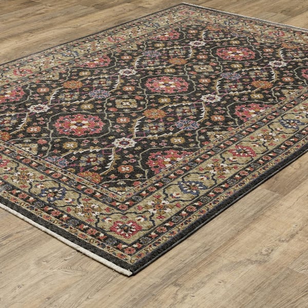 Hunter Charcoal/Pink 8 ft. x 11 ft. Bordered Floral Oriental Polyester Fringe-Edge Indoor Area Rug