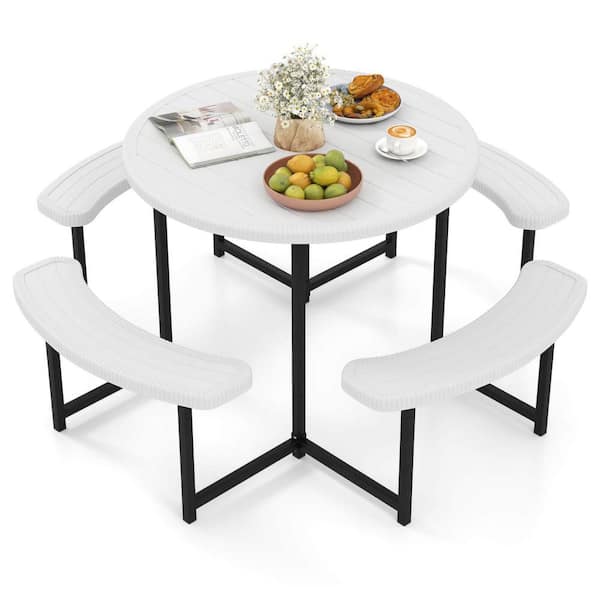 Costway 1-Piece Plastic Round Outdoor Dining Set Picnic Table Bench Set with Umbrella Hole All Weather Tabletop White