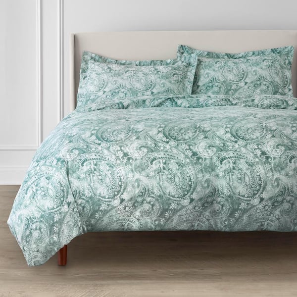 Home Decorators Collection Isabel 3-Piece Teal Boho Paisley Floral Cotton Sateen Full/Queen Duvet Cover Set