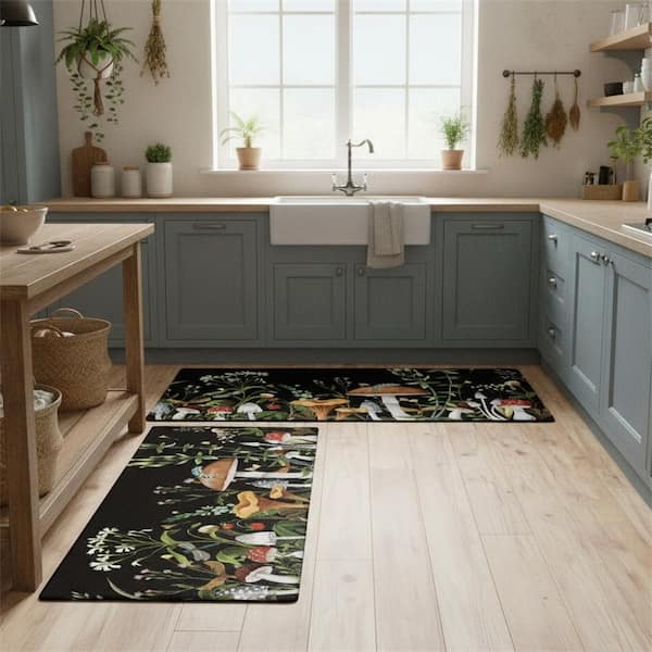 Black 17.5 in. x 29.5 in. Indoor Set of 2-Non-Skid Washable Kitchen Rug